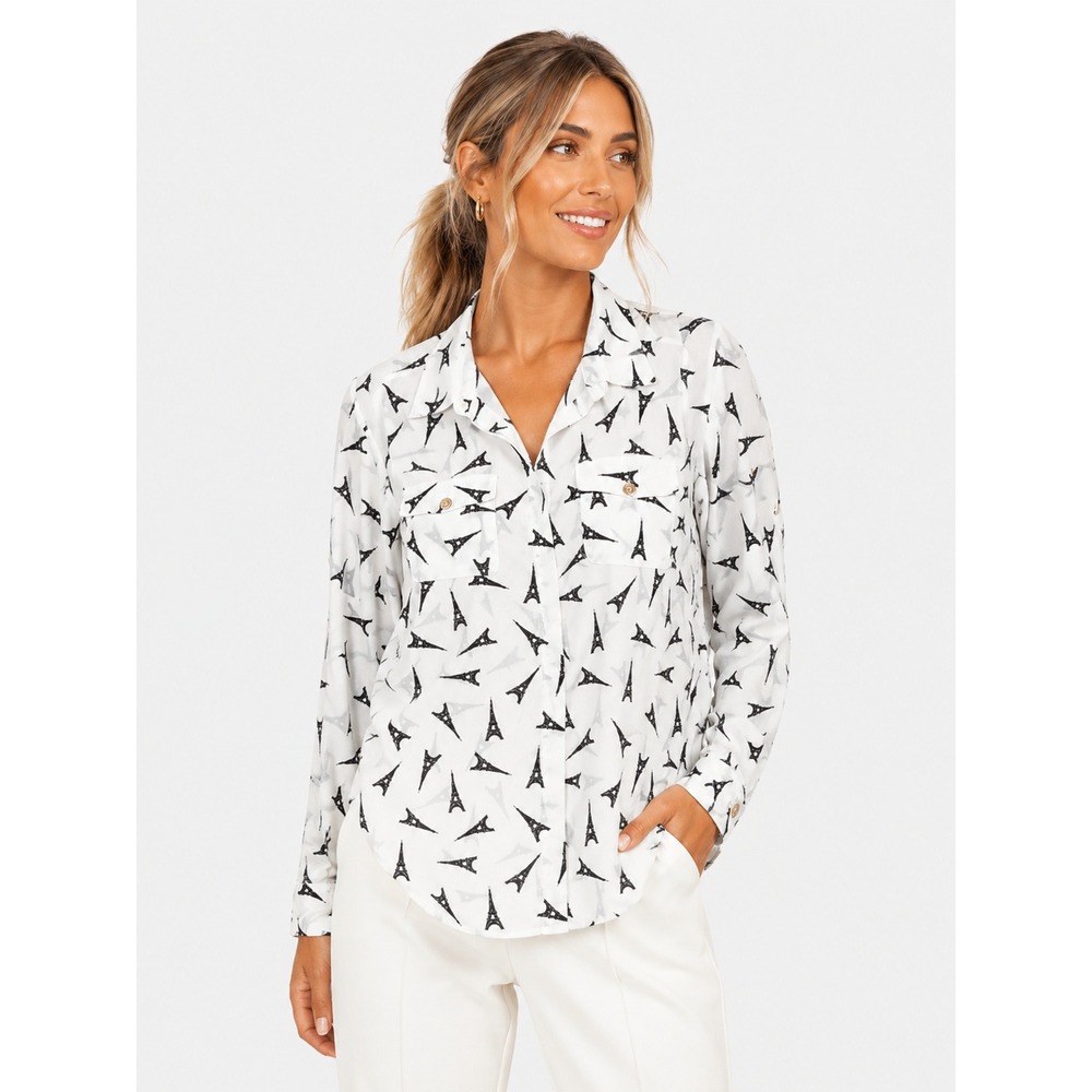 Karl Lagerfeld Paris White Eiffel Tower Print Button Down Shirt S